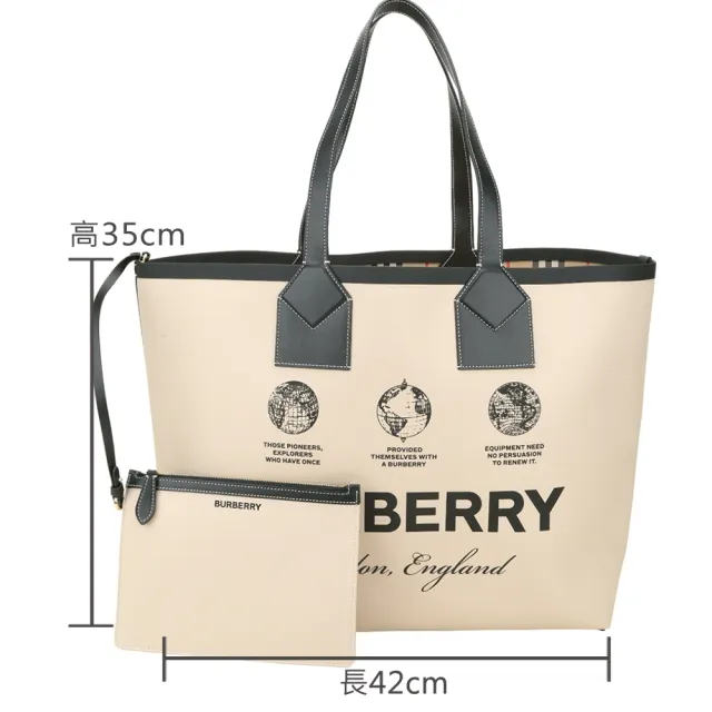 【BURBERRY 巴寶莉】London 大款 標籤印花棉質拼小牛皮托特包(附萬用包/米杏色)