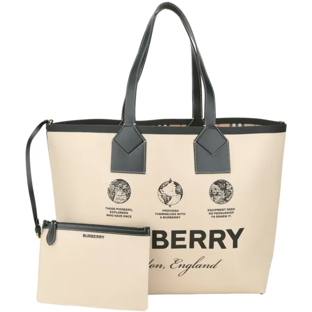 【BURBERRY 巴寶莉】London 大款 標籤印花棉質拼小牛皮托特包(附萬用包/米杏色)
