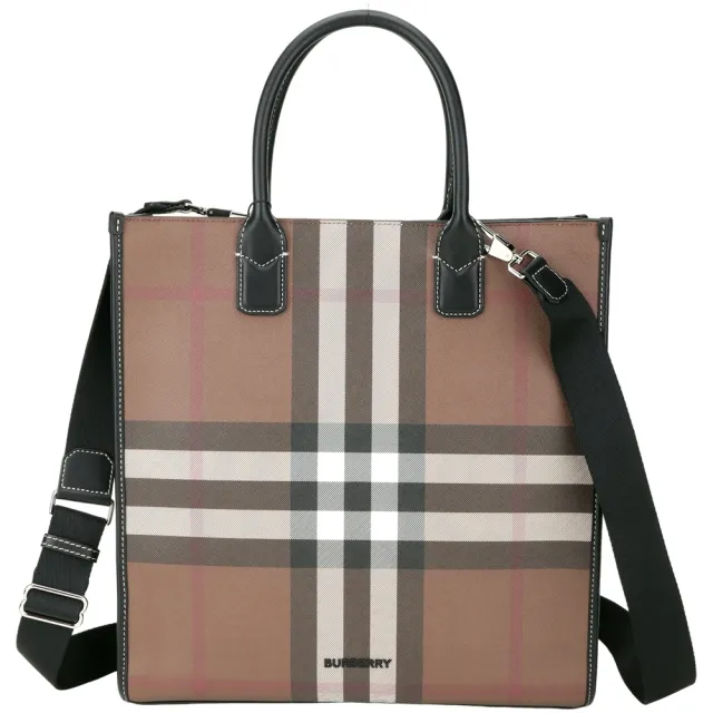 【BURBERRY 巴寶莉】Denny 輕便窄版格紋環保帆布直立托特包(深樺木棕)