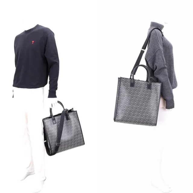【BURBERRY 巴寶莉】Monogram 滿版TB字母小牛皮手提 肩背托特包(黑色)