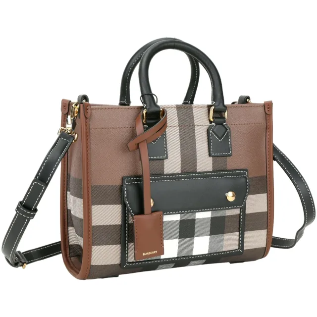 【BURBERRY 巴寶莉】Freya 迷你款 格紋帆布拼接小牛皮肩背托特包(深樺木棕)