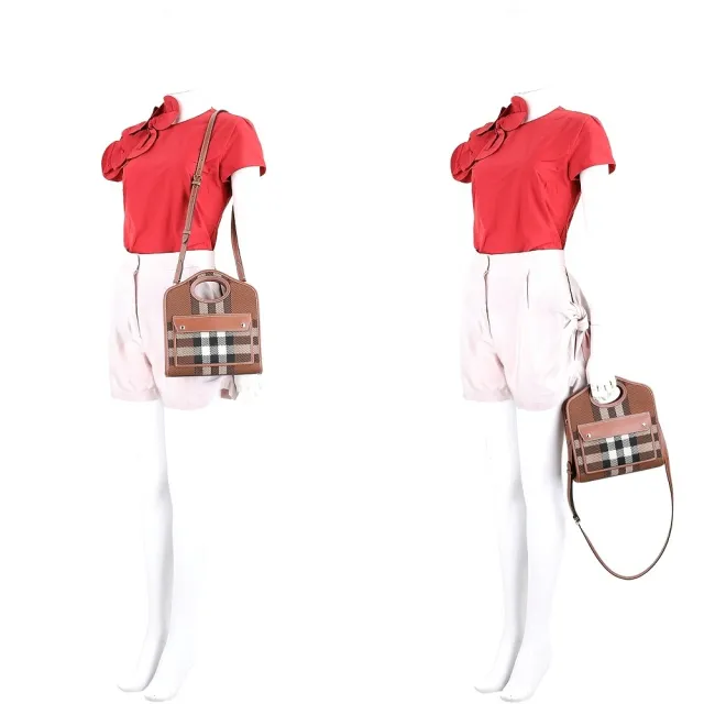 【BURBERRY 巴寶莉】Pocket 迷你款 格紋針織拼接牛皮口袋斜背包(樺木棕)