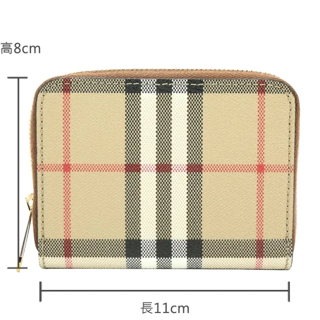 【BURBERRY 巴寶莉】Vintage 格紋塗層小牛皮ㄇ型拉鍊卡片夾 零錢包(典藏米)