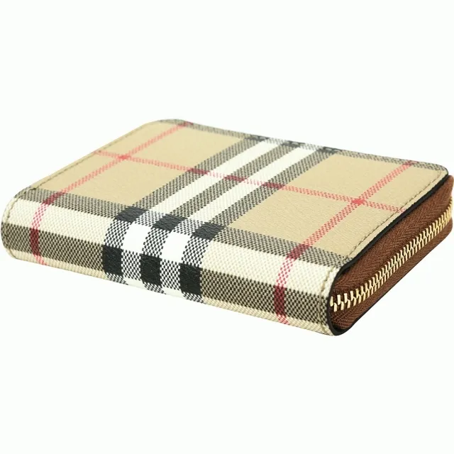 【BURBERRY 巴寶莉】Vintage 格紋塗層小牛皮ㄇ型拉鍊卡片夾 零錢包(典藏米)