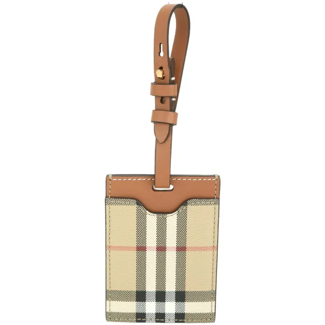 【BURBERRY 巴寶莉】TB 經典格紋塗層帆布拼牛皮行李吊牌(典藏米)