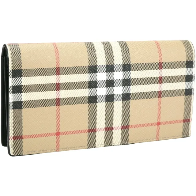 【BURBERRY 巴寶莉】Vintage 格紋PVC小牛皮襯裡對折長夾(典藏米)