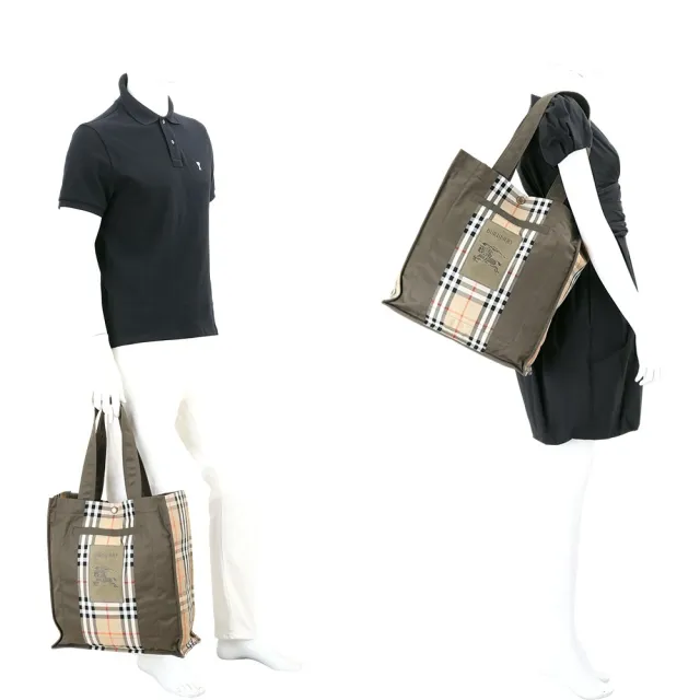 【BURBERRY 巴寶莉】Check 戰馬騎士麂皮徽標 格紋拼接帆布肩背托特包(軍綠)