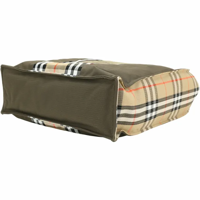 【BURBERRY 巴寶莉】Check 戰馬騎士麂皮徽標 格紋拼接帆布肩背托特包(軍綠)