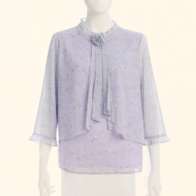 【ILEY 伊蕾】造型活片雪紡印花上衣(紫；M-XL；1253071449)