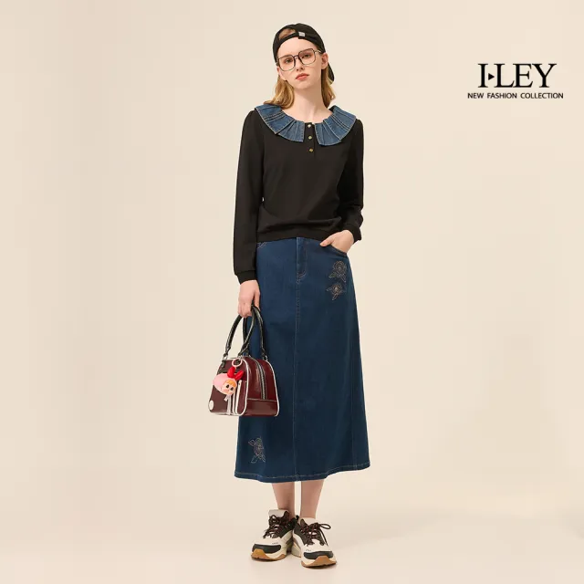 【ILEY 伊蕾】玫瑰貼布繡棉質丹寧中長裙(深藍；M-XL；1253318211)
