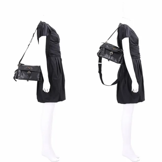 【PRADA 普拉達】Explore 中款 金三角牌 納帕羊皮 雙袋翻蓋手提 肩斜背包(黑色)