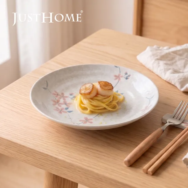 【Just Home】日本製美濃燒櫻花陶瓷8吋湯盤(可微波 盤子 碗盤 湯盤)