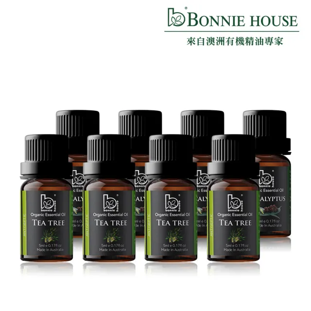 【Bonnie House 植享家】雙有機認證精油加倍組(尤加利精油5ml×4+茶樹精油5ml×4)