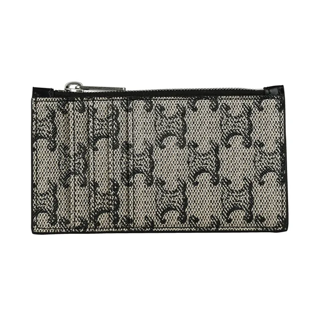 【CELINE】CELINE 燙銀LOGO凱旋門印花塗層帆布搭小牛皮4卡拉鍊零錢包(米)