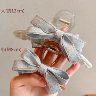 【Emi 艾迷】韓系優雅牛仔布蝴蝶結 抓夾 髮夾 鯊魚夾