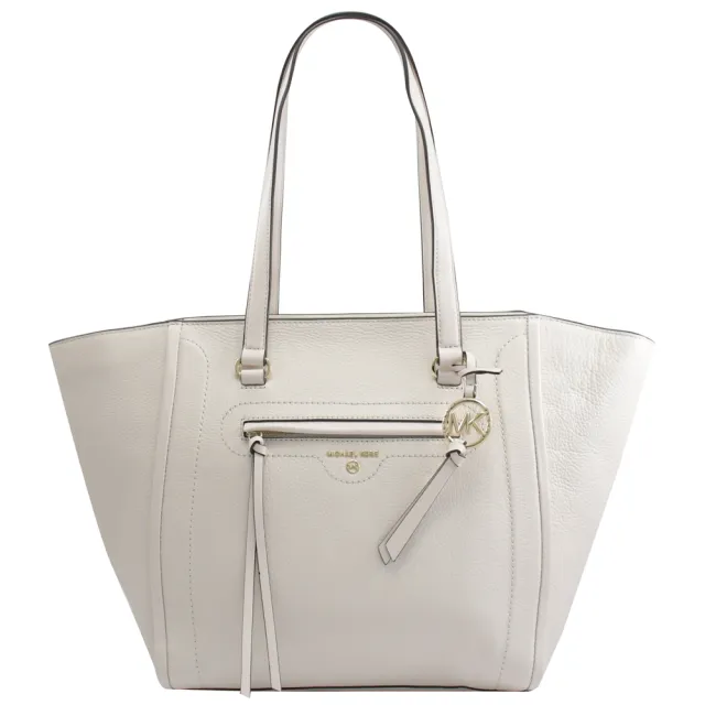 【Michael Kors】專櫃款 圓標MK吊飾蘇荔枝皮革肩背大托特包(白 大款)