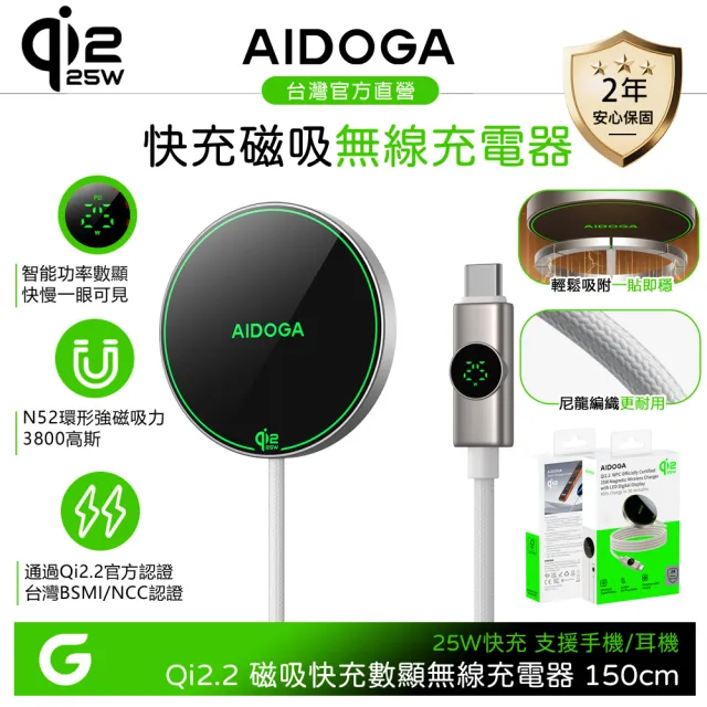 【AIDOGA】長線 Qi2.2 25W 磁吸快充無線充電器 數顯 MagSafe 1.5M 支援iPhone 18/17/安卓/手機/耳機
