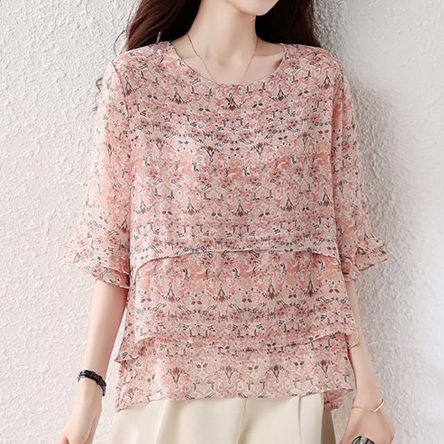 【麗質達人】593粉色喬其紗印花上衣-LY (L-5XL)