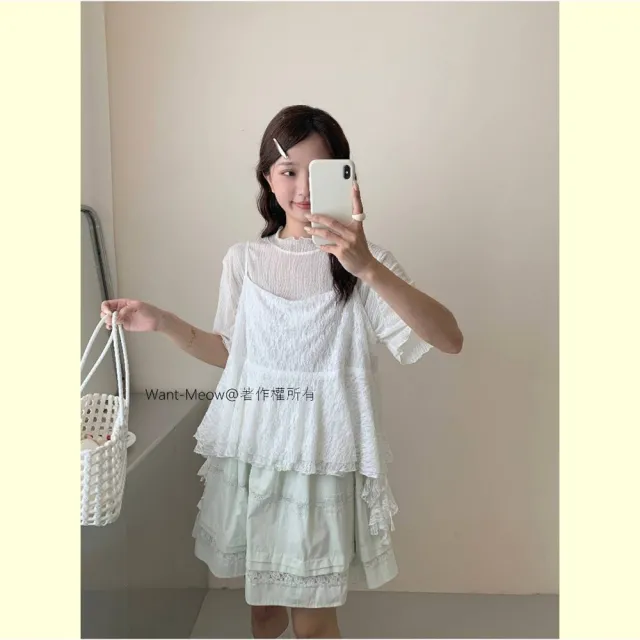 【Want-Meow】90公斤可穿/大胸可/日系細肩帶可調質感蕾絲背心吊帶背心(大碼上衣/大碼/大尺碼/吊帶背心)
