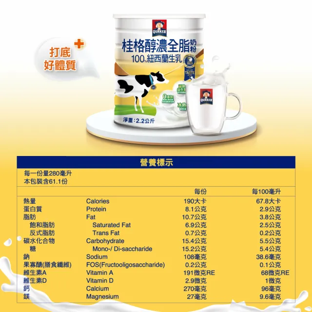 【QUAKER 桂格】嚴選醇濃全脂奶粉2200gX6罐(箱購)