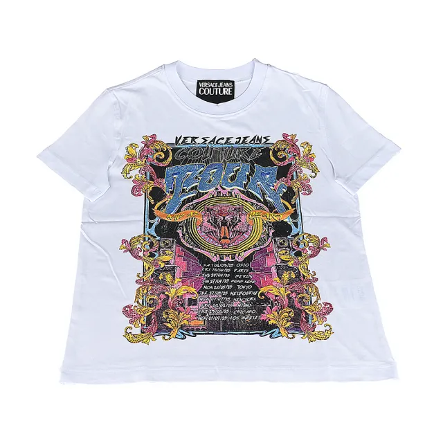 【VERSACE 凡賽斯】VERSACE Jeans Couture 內布標LOGO純綿水鑽貼花圓領短袖T恤(女款/白)