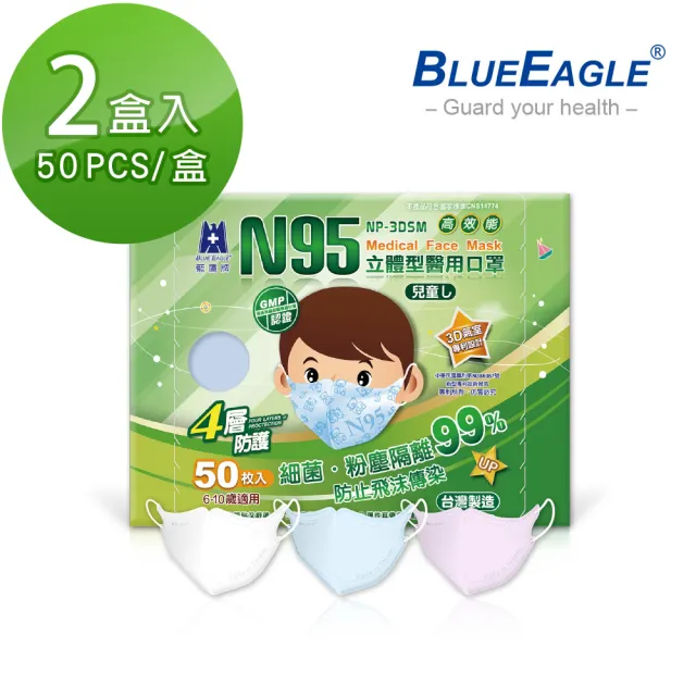 【藍鷹牌】N95立體型6-10歲兒童醫用口罩 50片x2盒(藍天藍/白雲白/粉嫩粉)