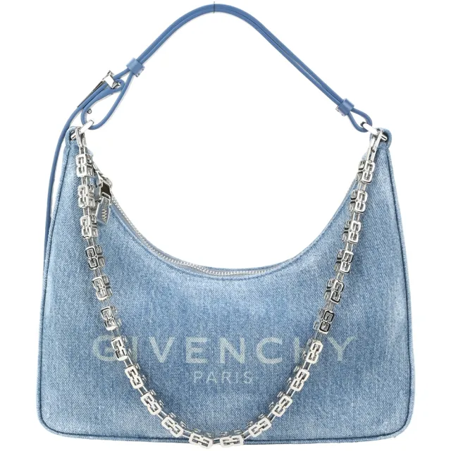 【GIVENCHY 紀梵希】Moon Cut Out 小款 牛仔布手提 肩背腋下包(刷白藍)(法式優雅 奧黛麗赫本愛牌 鍊包)