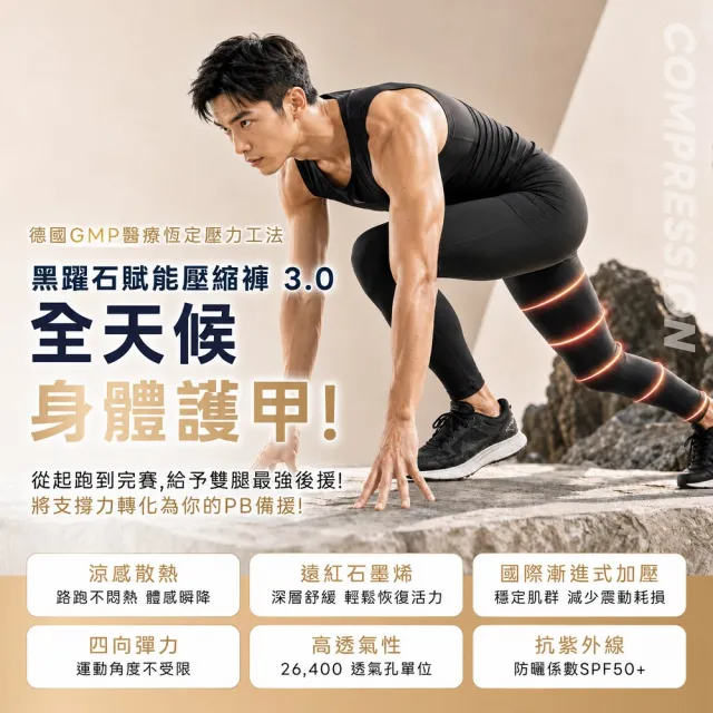 【sNug 給足呵護】黑躍石賦能壓縮褲3.0-男款(石墨烯遠紅外線/涼感/防鐵腿/GMP真壓縮/健身/馬拉松/登山褲)