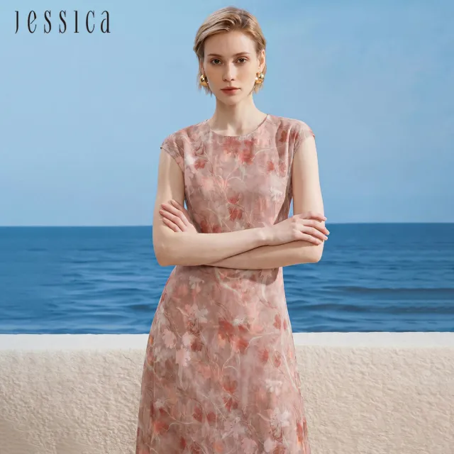 【JESSICA】高雅簡約圓領柔和印花蠶絲無袖長洋裝J63708