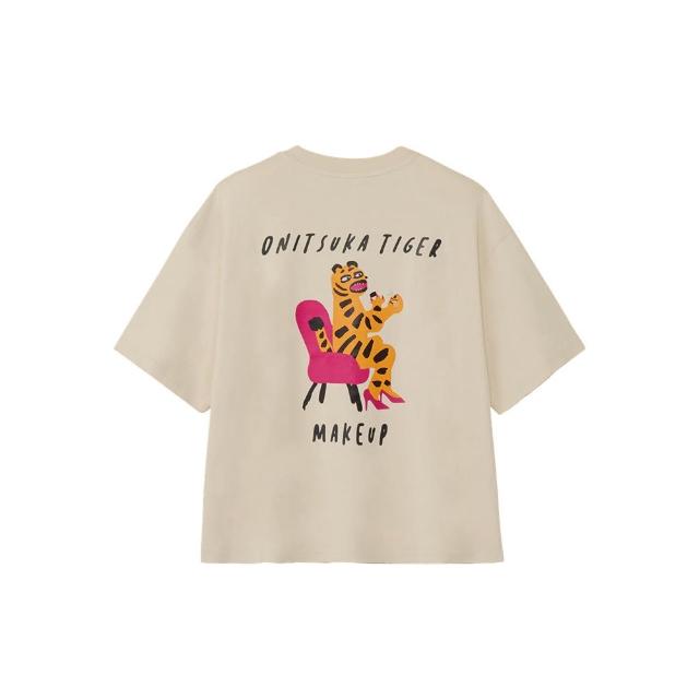 【Onitsuka Tiger】鬼塚虎 女款淺棕色老虎印花塗鴉短版上衣 (2182B677-020)