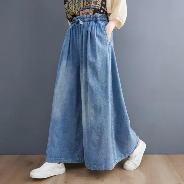 【巴黎精品】高腰牛仔褲長褲大碼寬褲直筒褲裙落地褲休閒女裝(水洗牛仔寬管抽繩女褲子n1jc6)