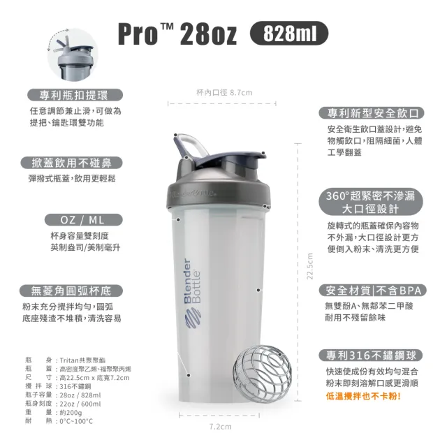 【Blender Bottle】Tritan搖搖杯-Pro28系列 原裝進口 828ml(BlenderBottle/運動水壺/乳清蛋白)