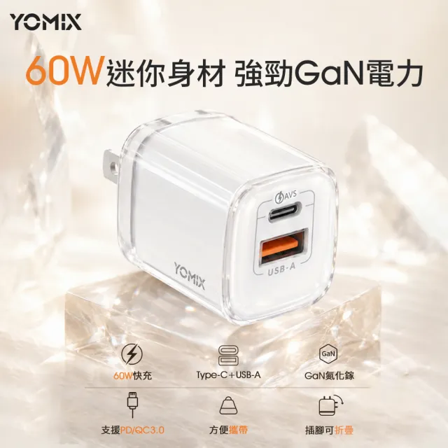 【YOMIX 優迷】65W充電線★60W GaN氮化鎵迷你雙孔快充充電器(Type-C/USB-A/PD3.0/筆電快充/充電頭)
