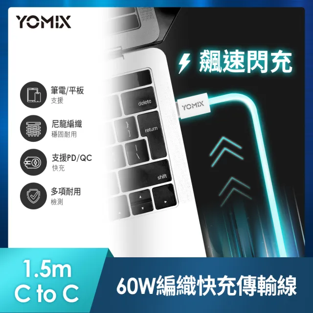 【YOMIX 優迷】60W編織充電線★60W GaN氮化鎵迷你雙孔快充充電器(Type-C/USB-A/PD3.0/筆電快充/充電頭)