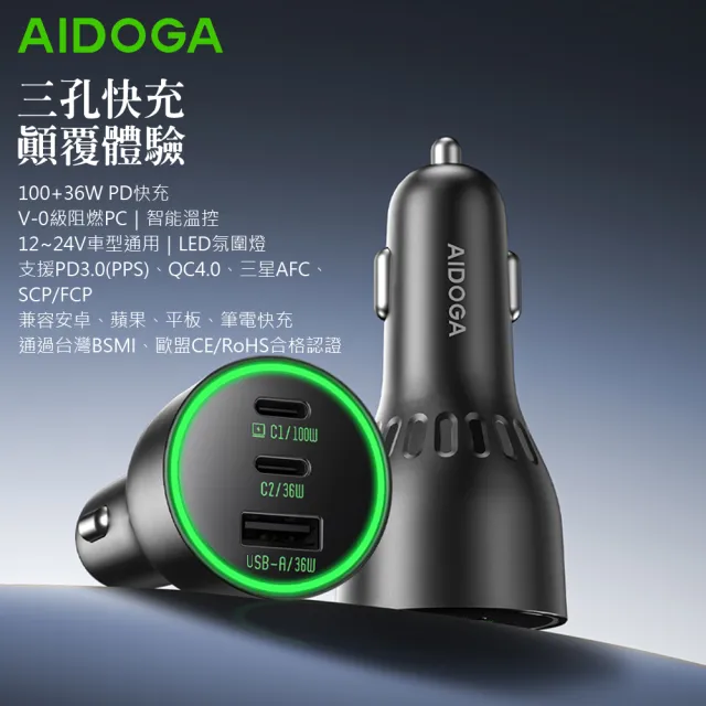 【AIDOGA】2入組 136W 三孔 PD快充 Type-C+USB-A 車充點菸器車用充電器 LED 適用蘋果/安卓/手機/平板/筆電