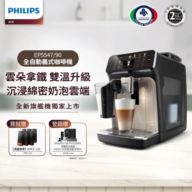【Philips 飛利浦】雙溫萃取全自動義式咖啡機(EP5544曜光金／EP5547星光銀／EP5548暮霧灰)