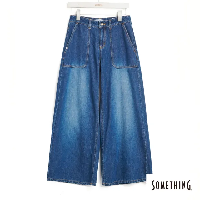 【SOMETHING】女裝 中腰休閒寬褲(中古藍)