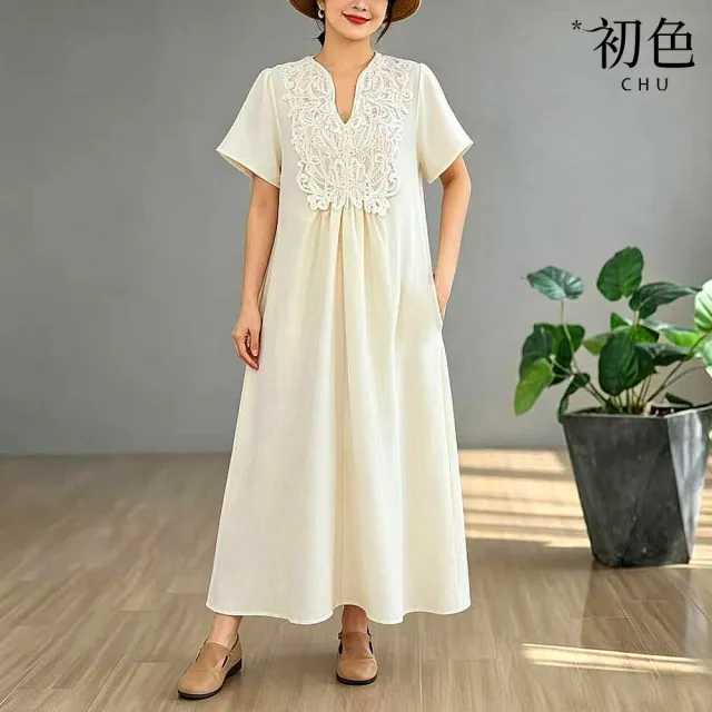 【初色】棉麻風純色V領短袖蕾絲拼接寬鬆顯瘦中長裙連衣裙連身洋裝長裙-共4色-52582(F可選)