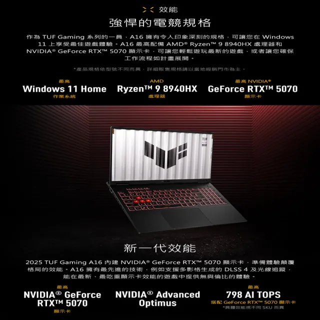 【ASUS 華碩】TUF耳機組★16吋GeForce RTX 5070 R9電競筆電(FA608PP-0071A8940HX/R9-8940HX/16G/512GB/W11)