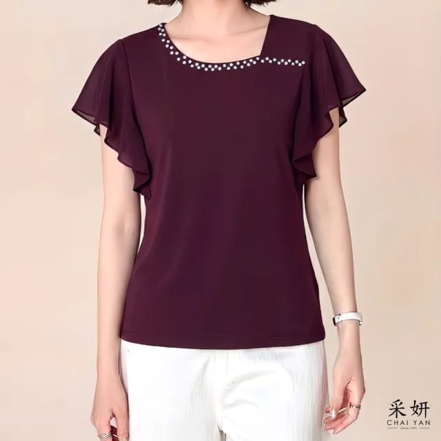 【CHAI YAN 采妍】水鑽雪紡袖短袖上衣(春夏女裝/中大尺碼/專櫃/寬鬆/透氣)
