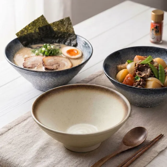 【Just Home】日式漸層陶瓷8吋麵碗850ml-三件組(可微波 湯碗 碗 麵碗 拉麵碗 碗公 泡麵碗)