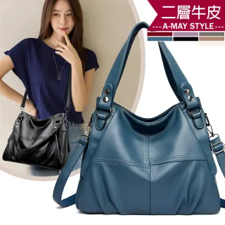 【Amay Style 艾美時尚】女包 真皮包 斜提包 質感拼接軟皮革大容量真皮手提肩背包(7色.現貨+預購)