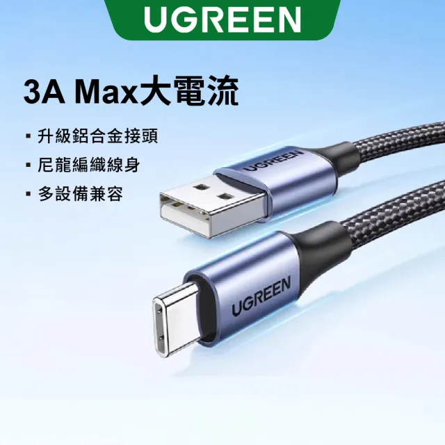 【綠聯】USB-A to Type-C 快充傳輸線 Aluminum BRAID版 1.5M 黑色(A-C快充線/編織線/UGREEN)