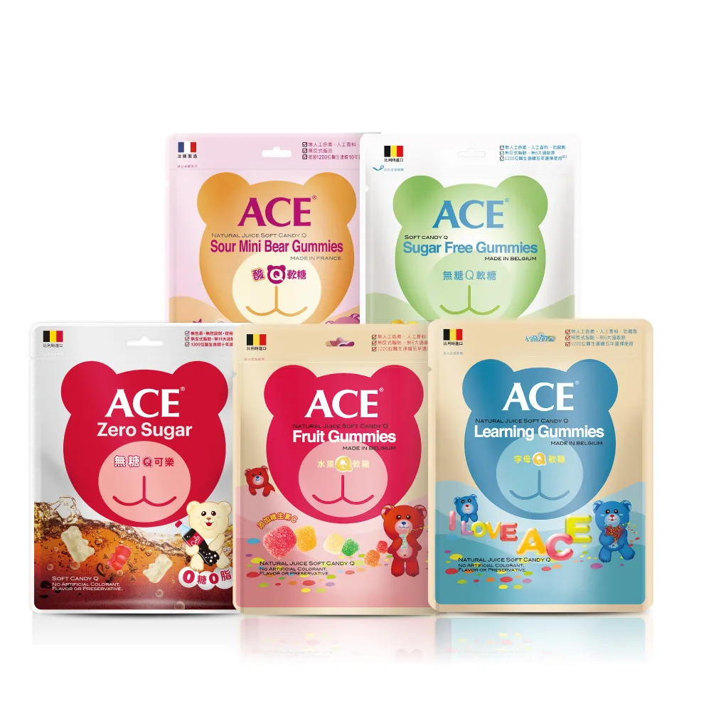 【ACE】量販包軟糖240gx2包組(水果Q/字母Q/無糖Q/無糖Q可樂/無糖Q甜莓蜜桃)