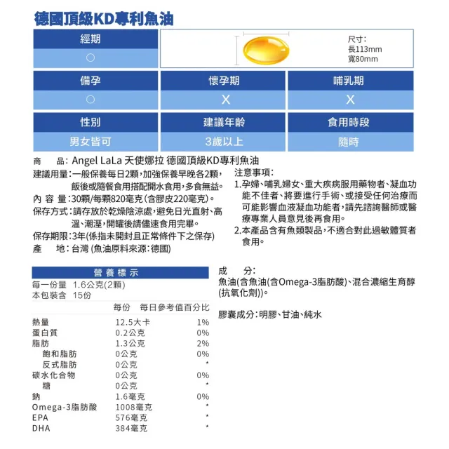 【Angel LaLa 天使娜拉】德國頂級KD專利魚油(30顆/盒)