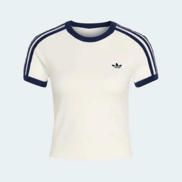 【adidas 愛迪達】短袖上衣 女 短版 三葉草 亞規 KNIT TEE 白藍 KS9952