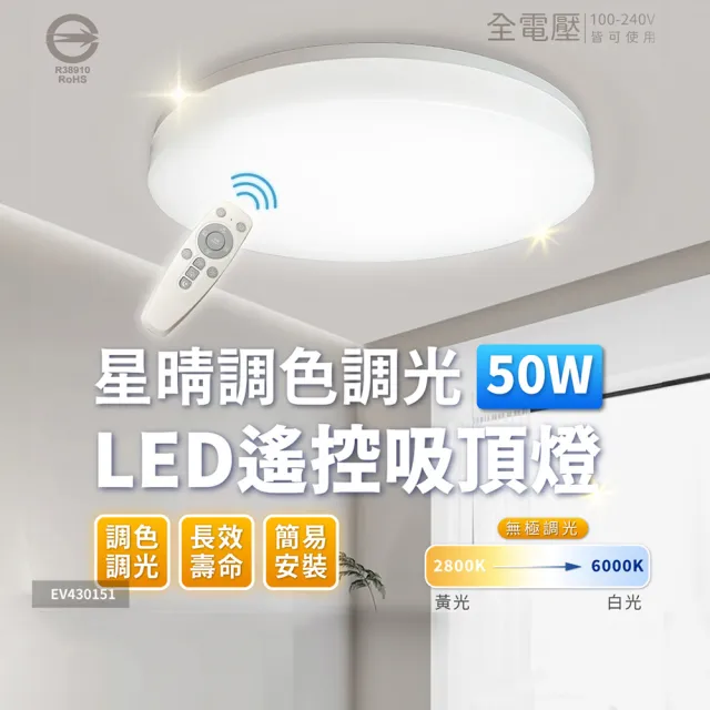 【Everlight 億光】50W 星晴 5-6坪 調光調色 LED 吸頂燈 天花板燈具 遙控切換 四種情境(最暢銷款) 全電壓