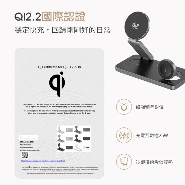 【YOMIX 優迷】Qi2.2 25W三合一折疊磁吸無線充電座(MagSafe/Apple watch/AirPods/iPhone/支援多設備)