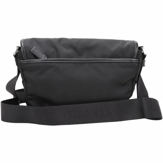 【PRADA 普拉達】Re-Nylon 三角牌雙釦尼龍防刮皮邊肩背郵差包(黑色 2VD066)
