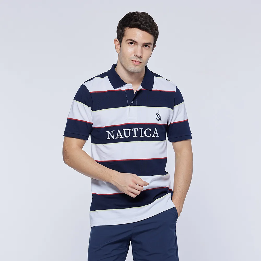 【NAUTICA】男裝 粗條紋LOGO刺繡短袖POLO衫(深藍色)